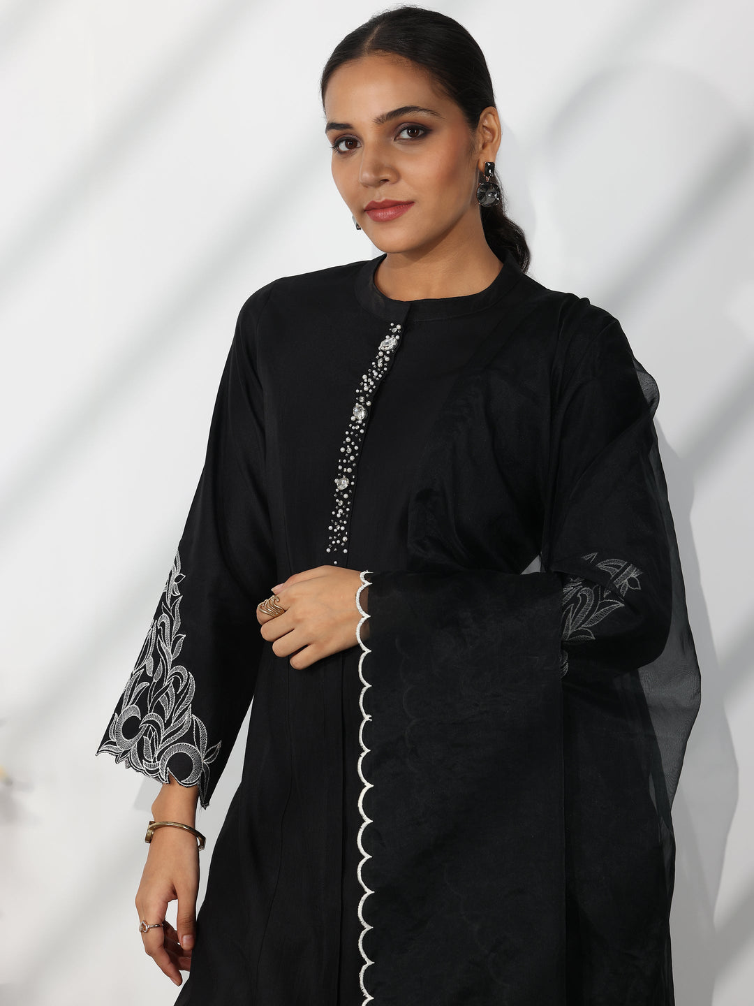 Black Solid Silk Blend Straight Suit With Dupatta