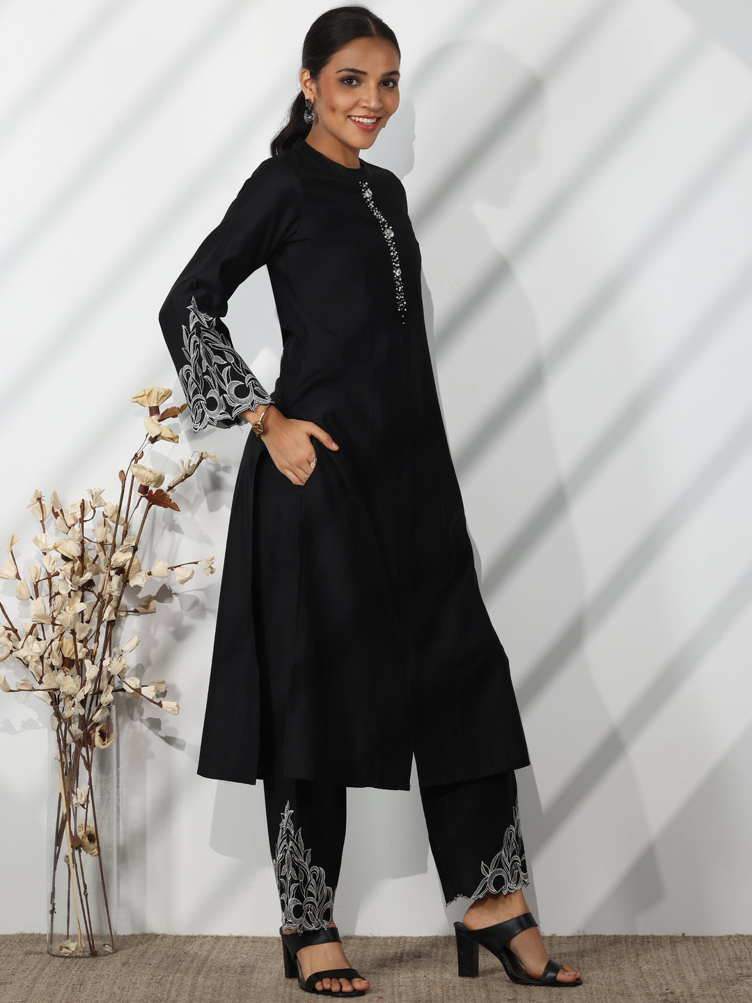 Black Solid Silk Blend Straight Suit With Dupatta