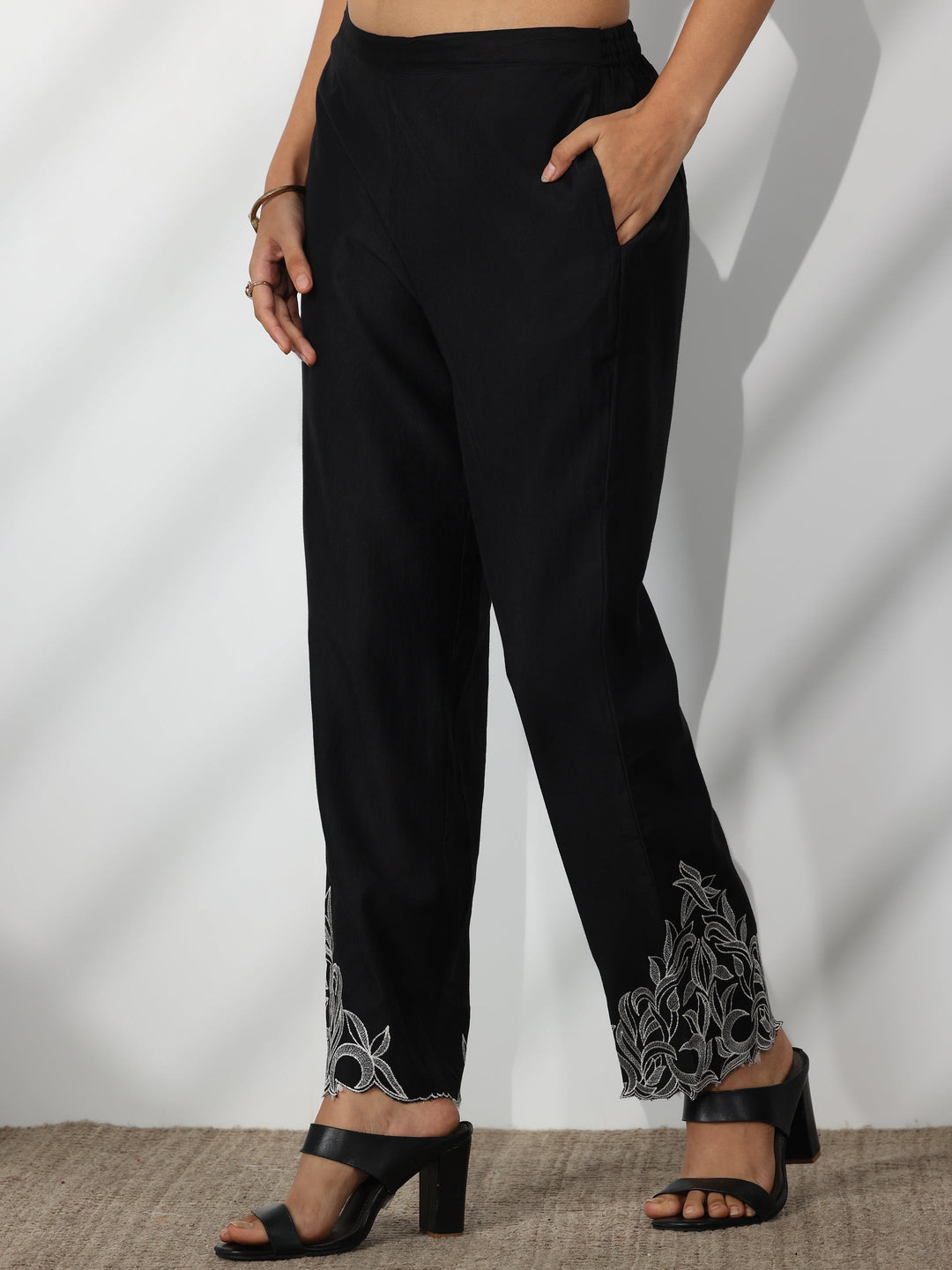 Black Solid Silk Blend Straight Suit With Dupatta