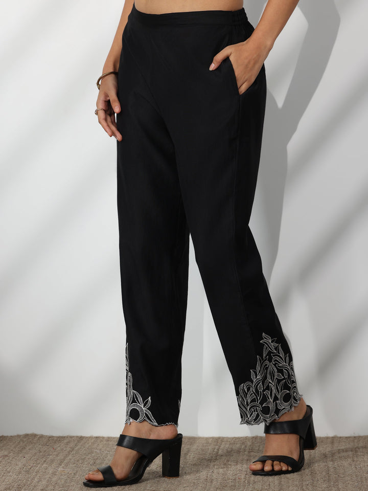 Black Solid Silk Blend Straight Suit With Dupatta