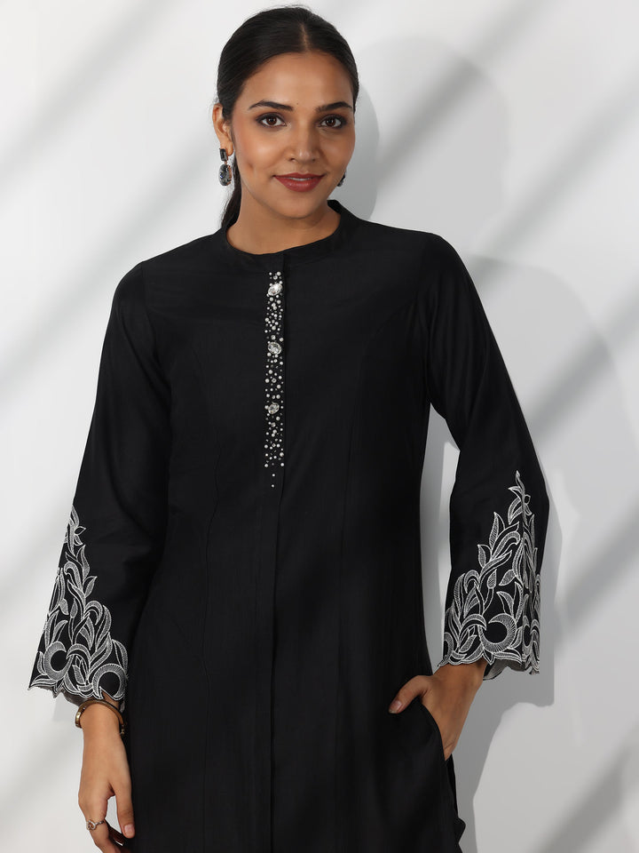 Black Solid Silk Blend Straight Suit With Dupatta