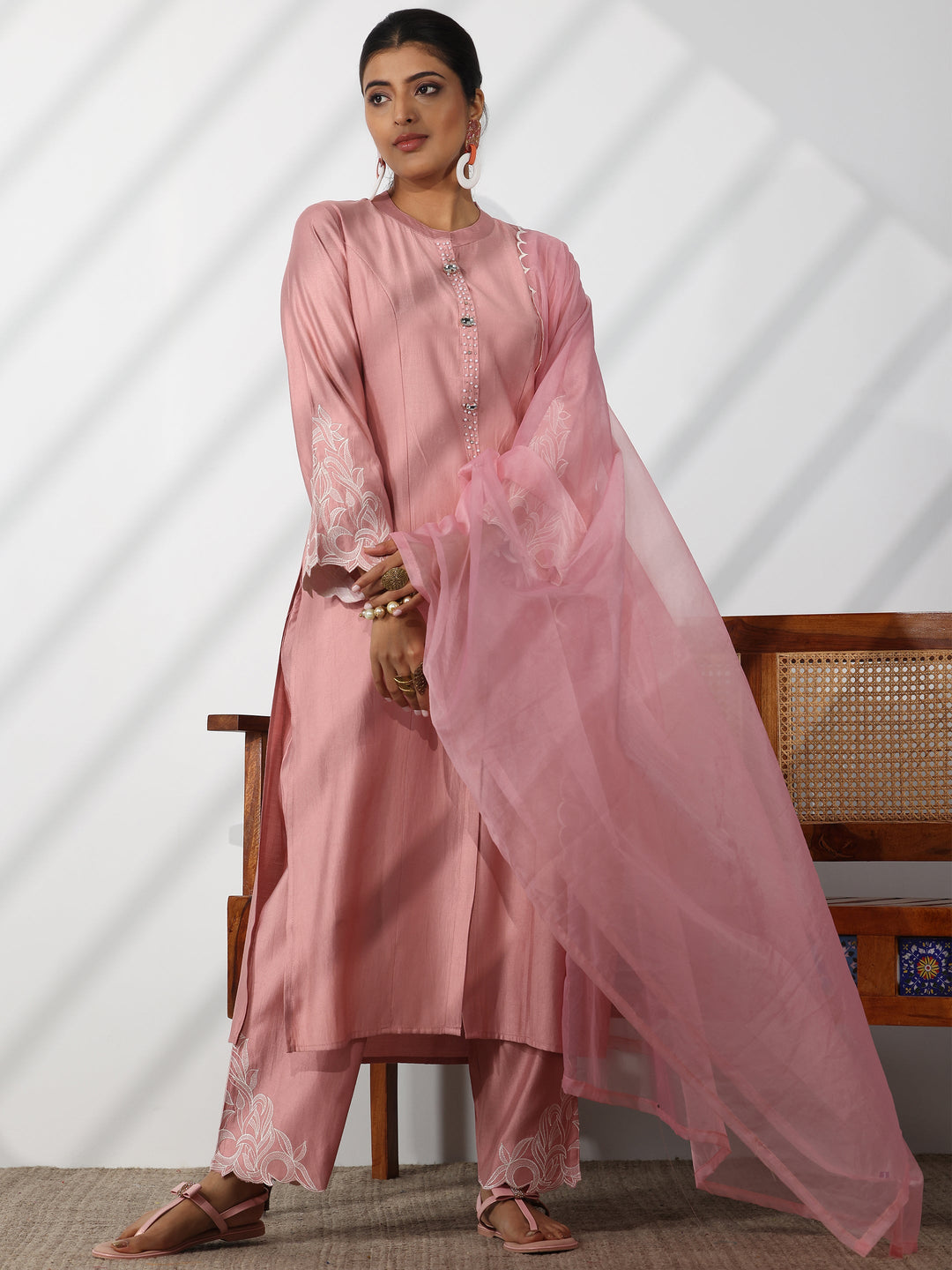 Dusty Pink Solid Silk Blend Straight Suit With Dupatta