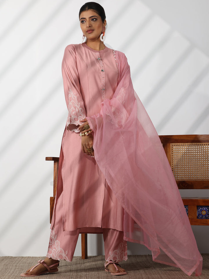 Dusty Pink Solid Silk Blend Straight Suit With Dupatta