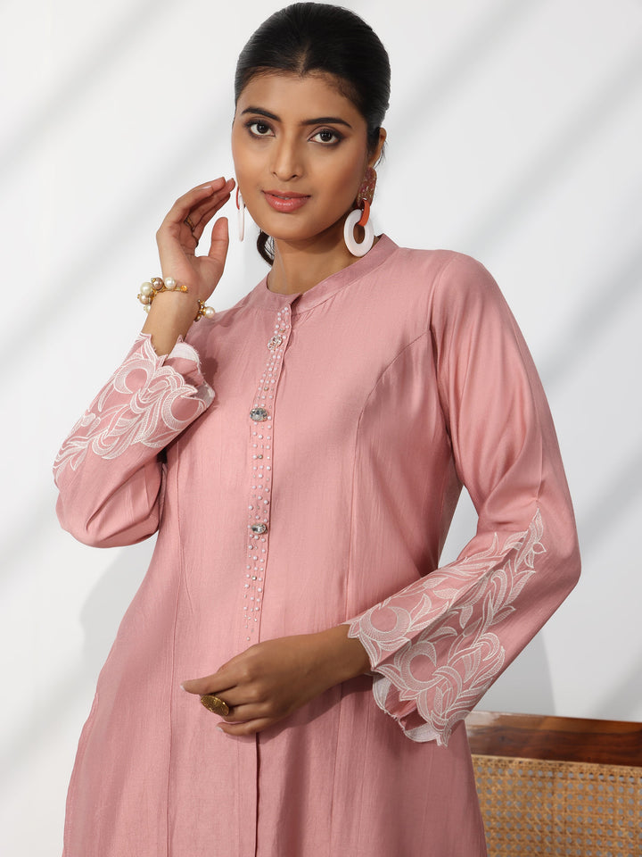 Dusty Pink Solid Silk Blend Straight Suit With Dupatta