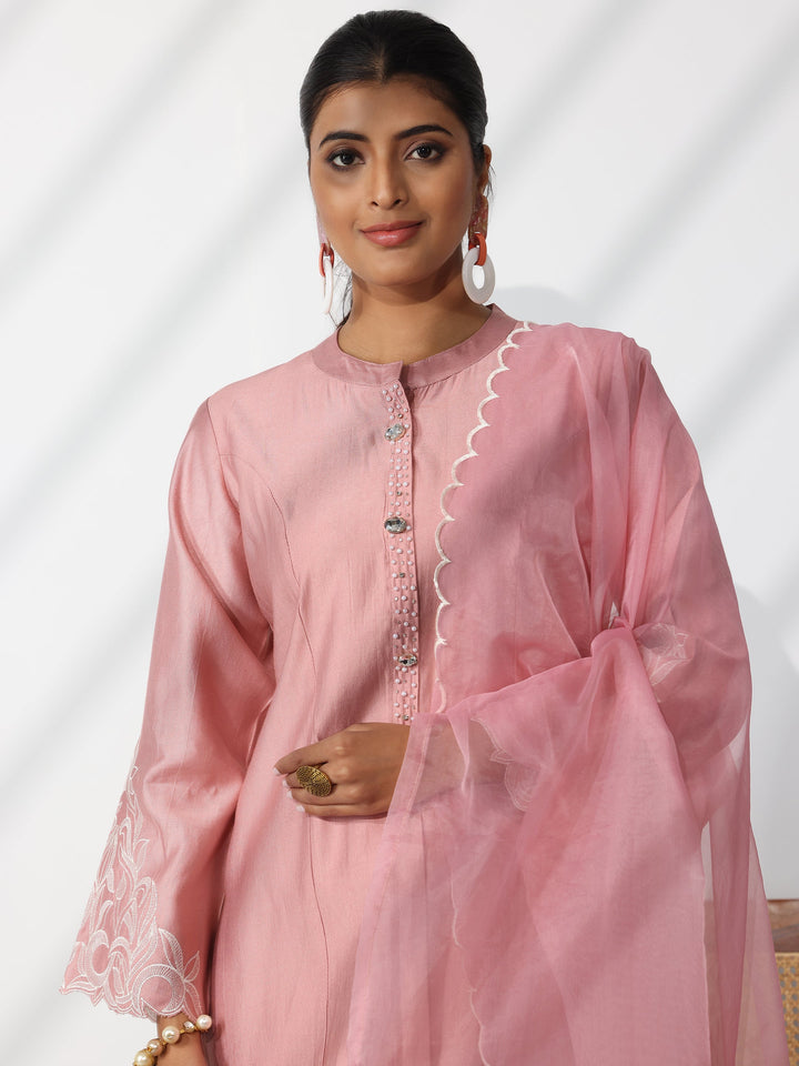 Dusty Pink Solid Silk Blend Straight Suit With Dupatta
