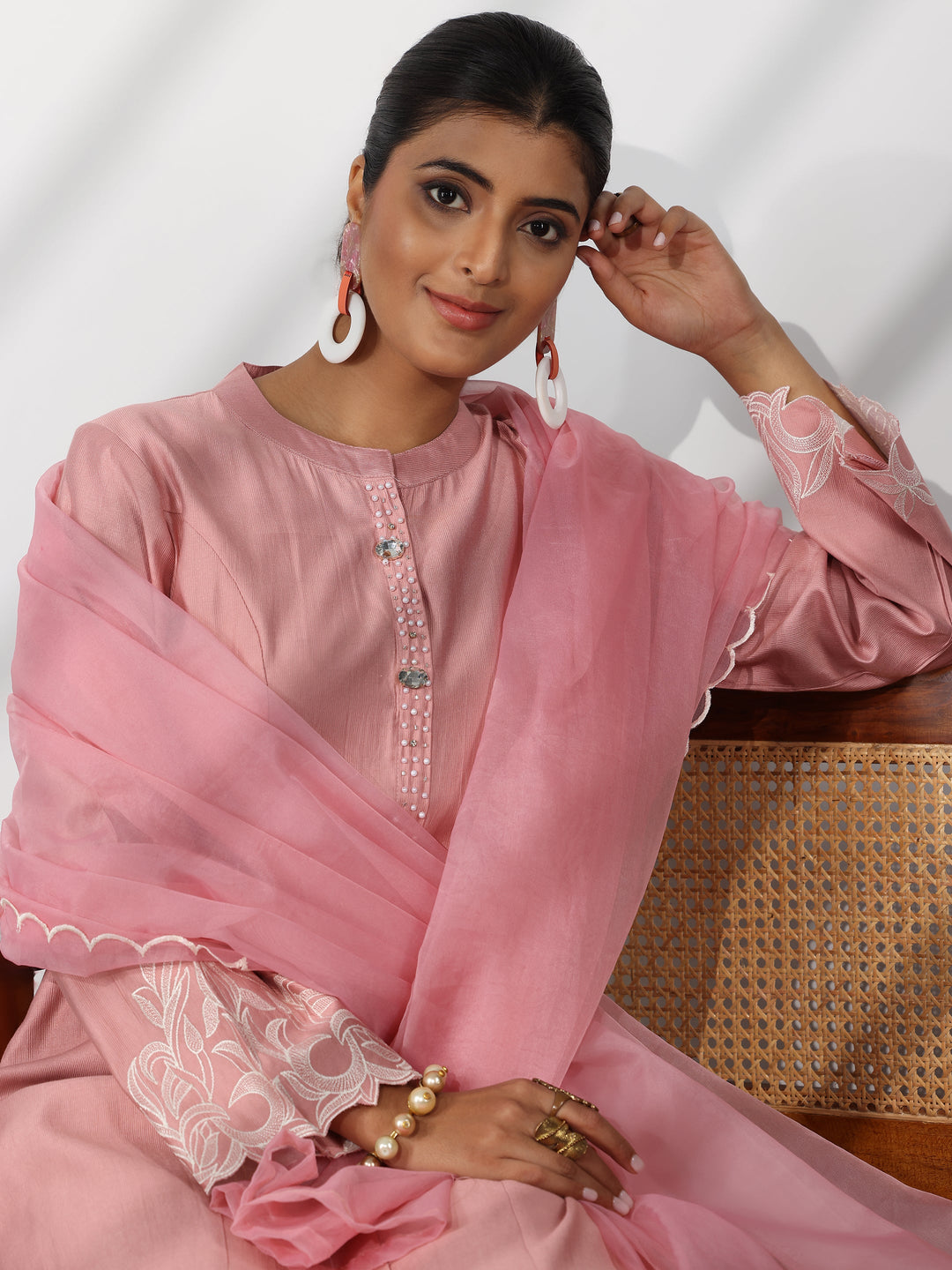 Dusty Pink Solid Silk Blend Straight Suit With Dupatta