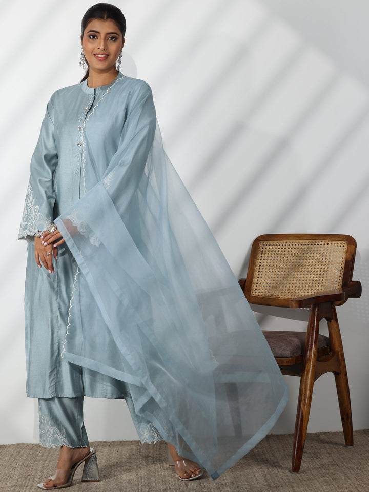 Blue Solid Silk Blend Straight Suit With Dupatta