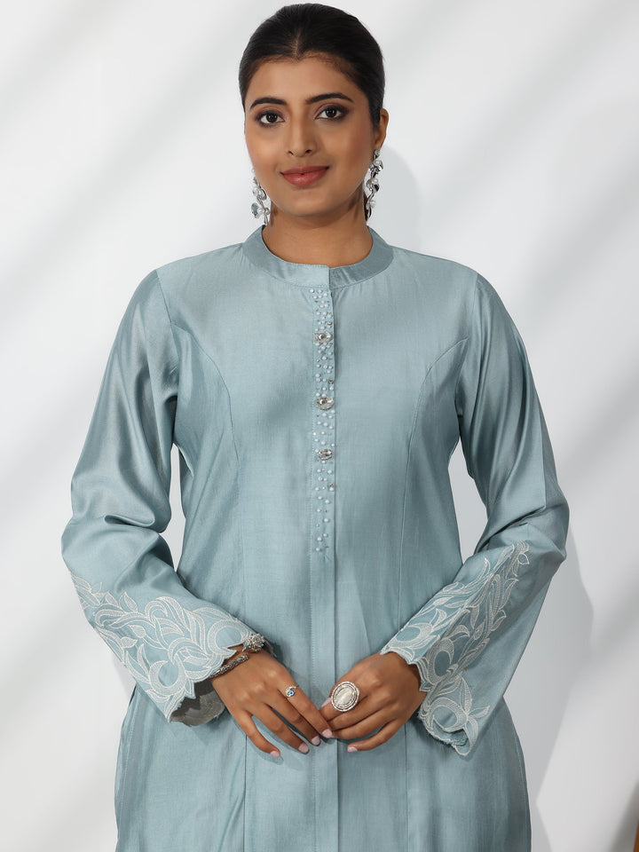 Blue Solid Silk Blend Straight Suit With Dupatta