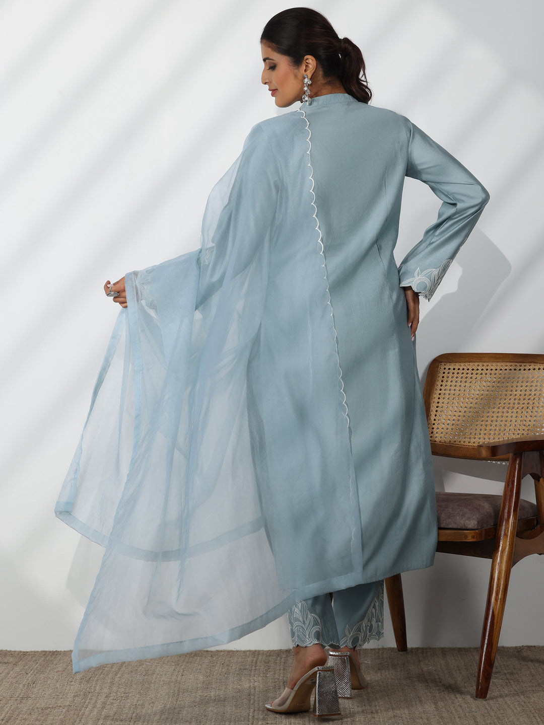 Blue Solid Silk Blend Straight Suit With Dupatta