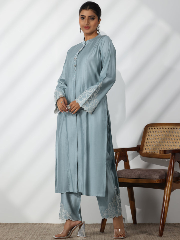 Blue Solid Silk Blend Straight Suit With Dupatta
