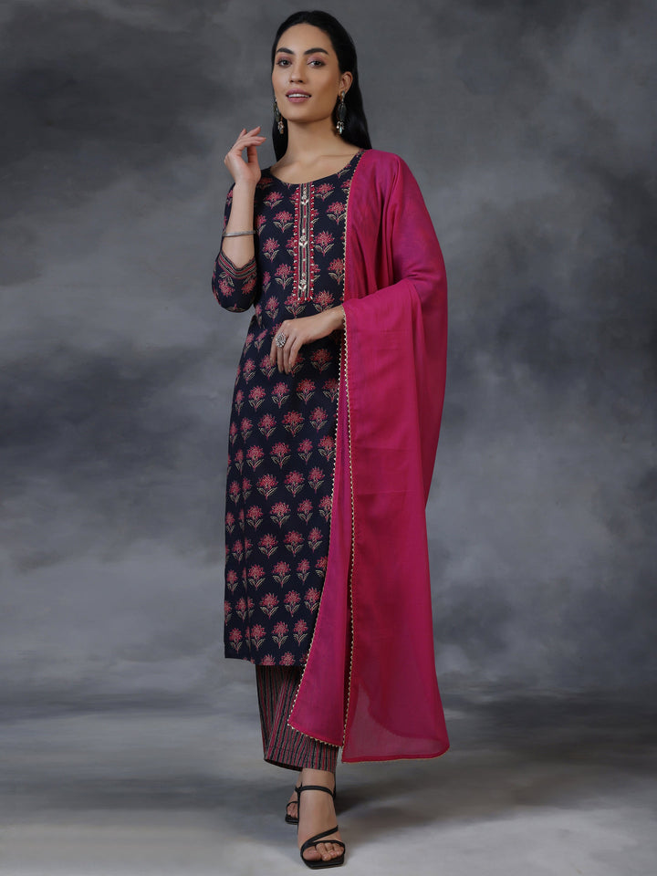 Blue Printed Cotton Straight Suit With Dupatta