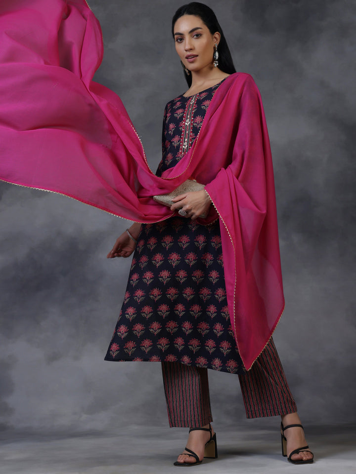 Blue Printed Cotton Straight Suit With Dupatta