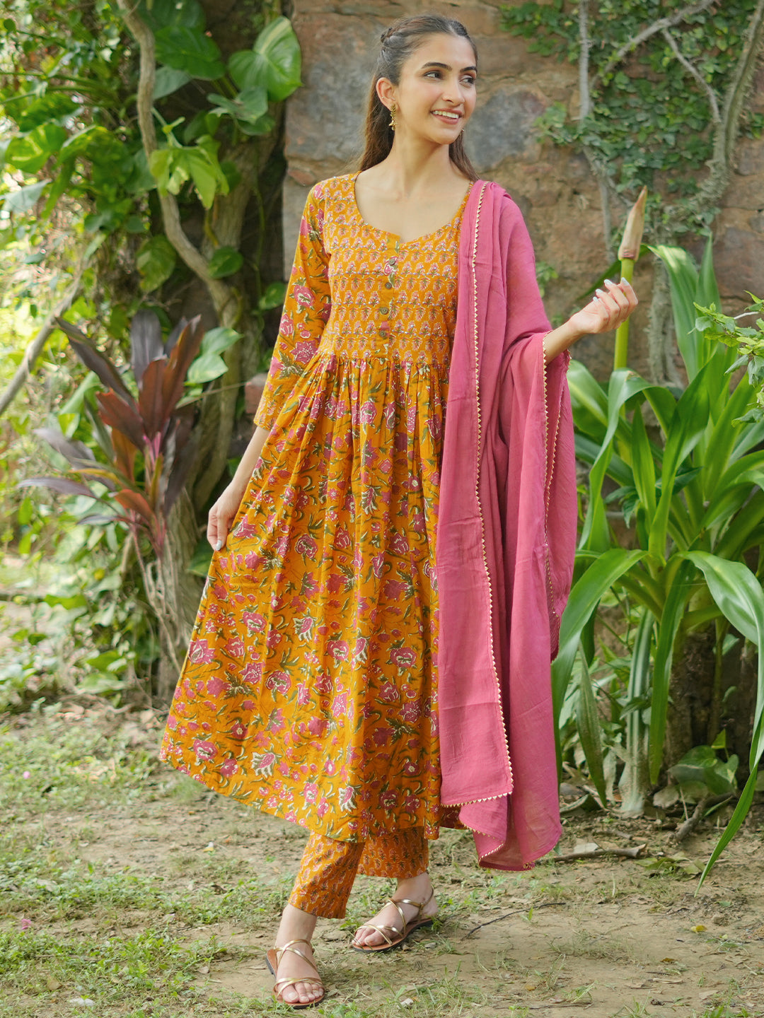 Buy Yellow Printed Pure Cotton Anarkali Suit With Dupatta Online in USA at  $41.00 | Libas