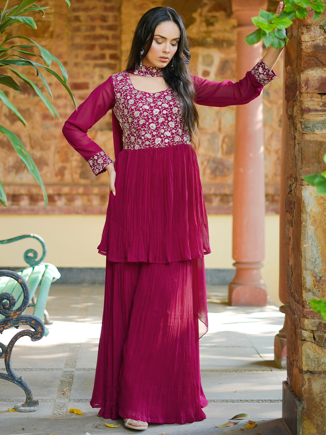 long sleeve sharara dress Buy Pink Embroidered Georgette A-Line Kurta With Sharara & Dupatta Online  in USA at $88.00