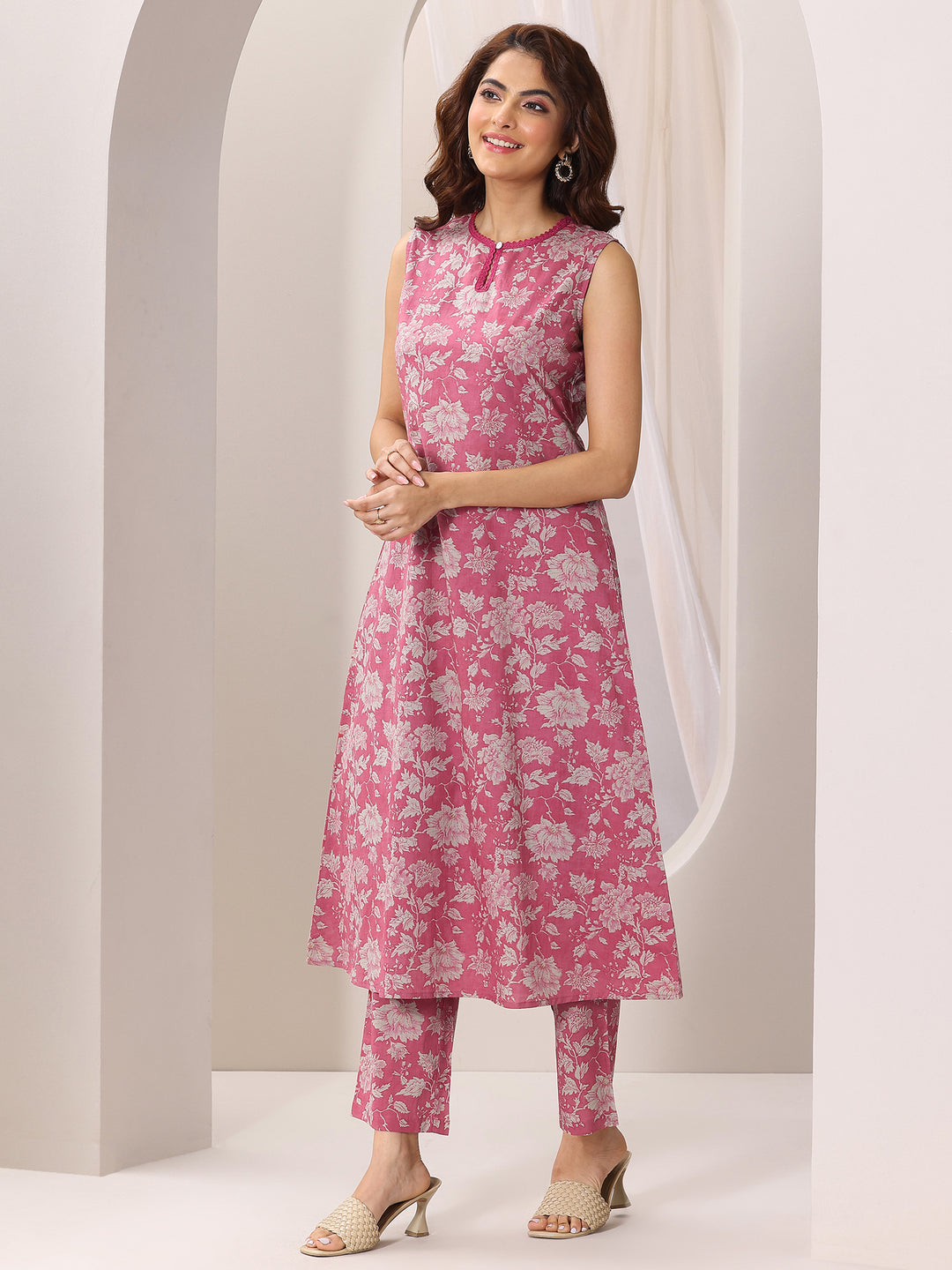 Pink Printed Pure Cotton A-Line Kurta With Trousers