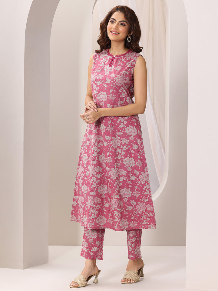 Pink Printed Pure Cotton A-Line Kurta With Trousers