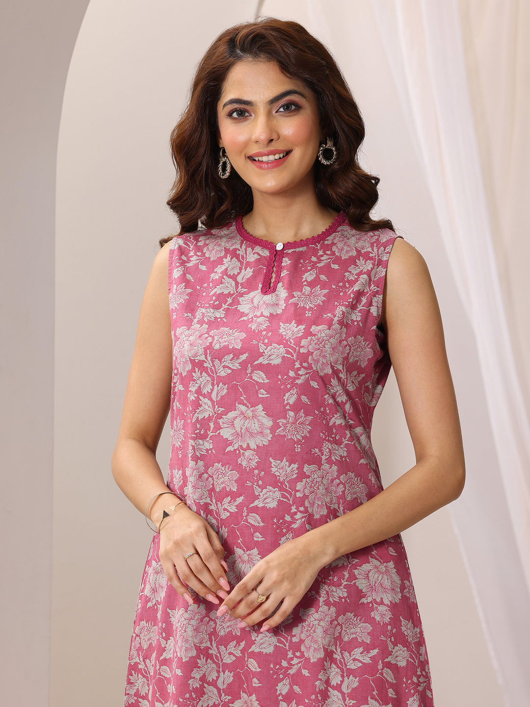 Pink Printed Pure Cotton A-Line Kurta With Trousers