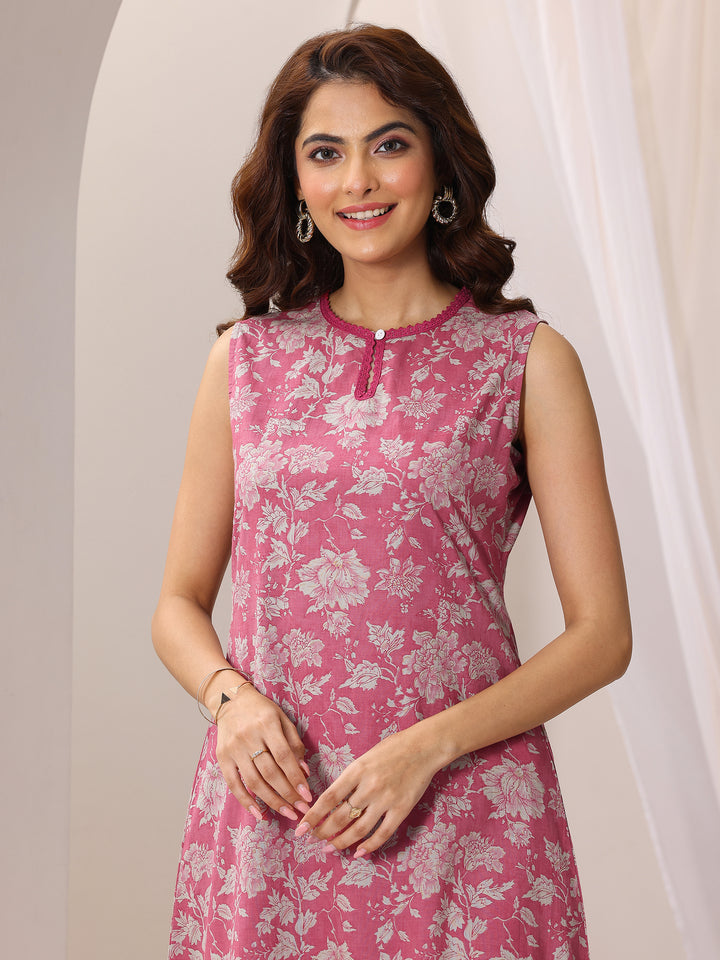 Pink Printed Pure Cotton A-Line Kurta With Trousers