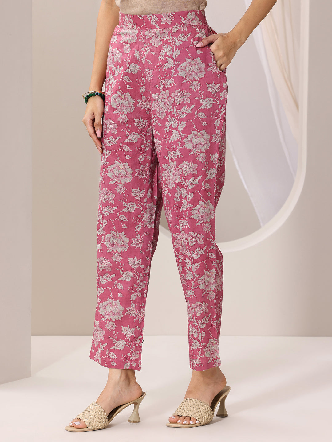 Pink Printed Pure Cotton A-Line Kurta With Trousers