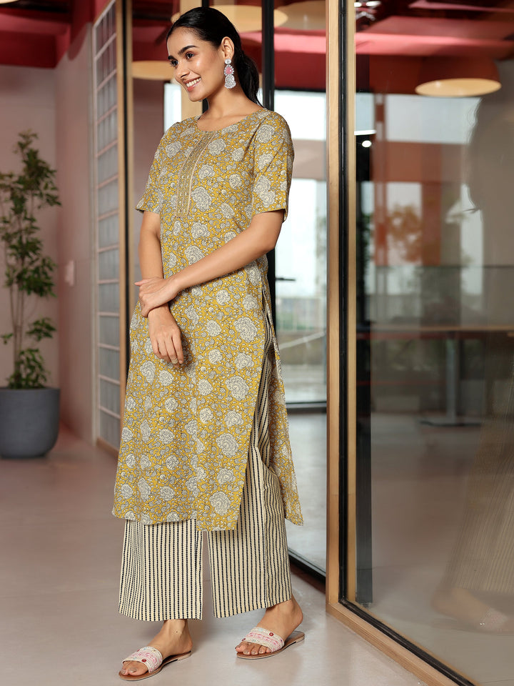 Mustard Printed Cotton Straight Kurta Set