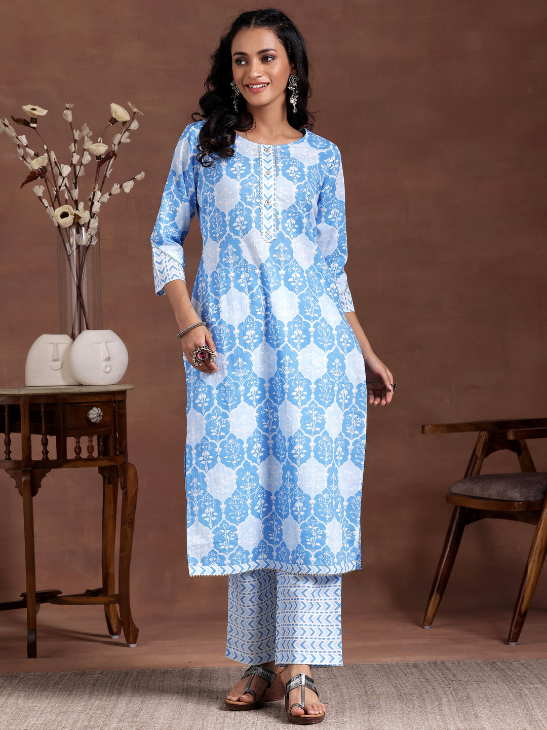 Blue Printed Cotton Straight Kurta Set