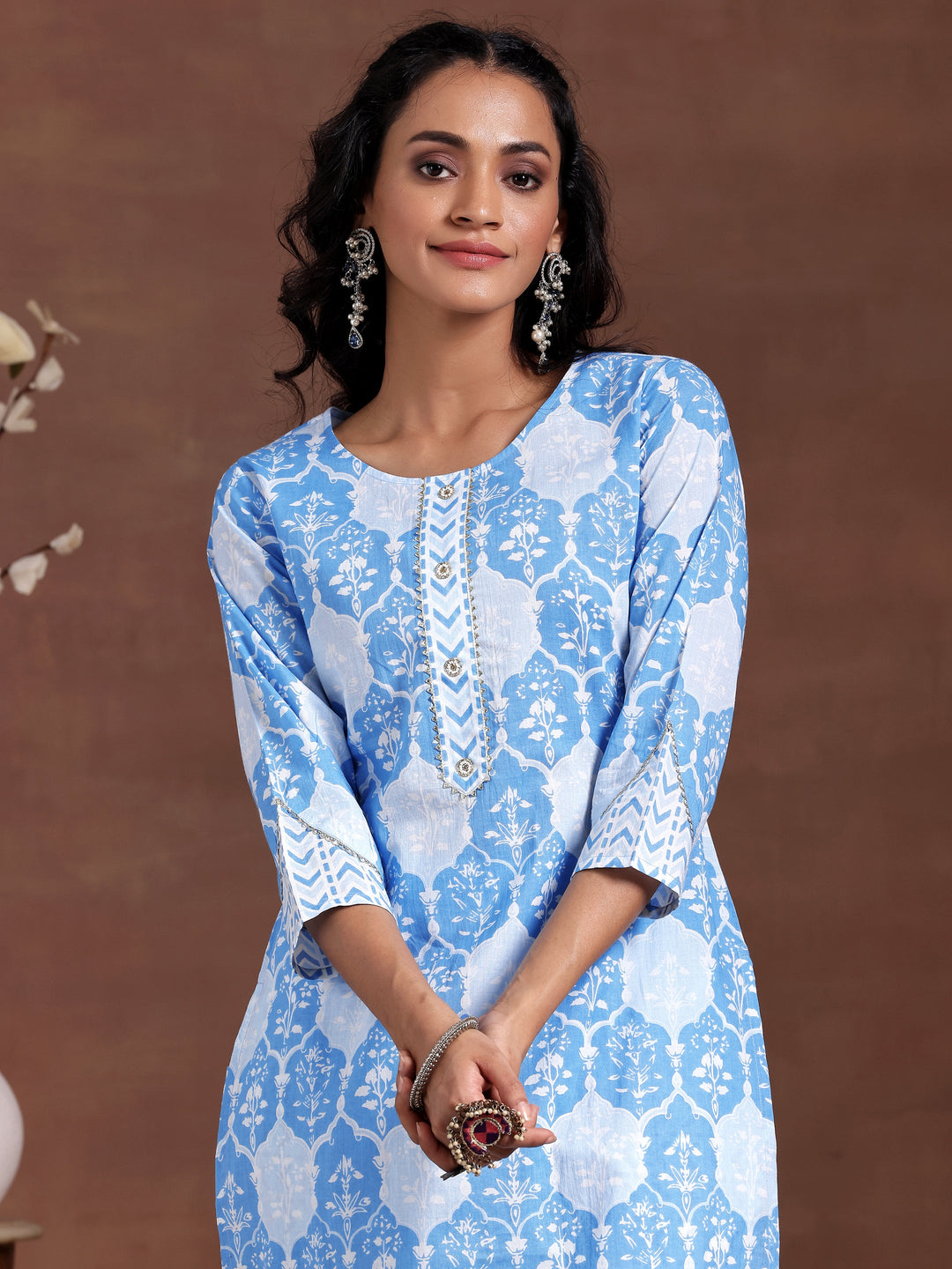 Blue Printed Cotton Straight Kurta Set