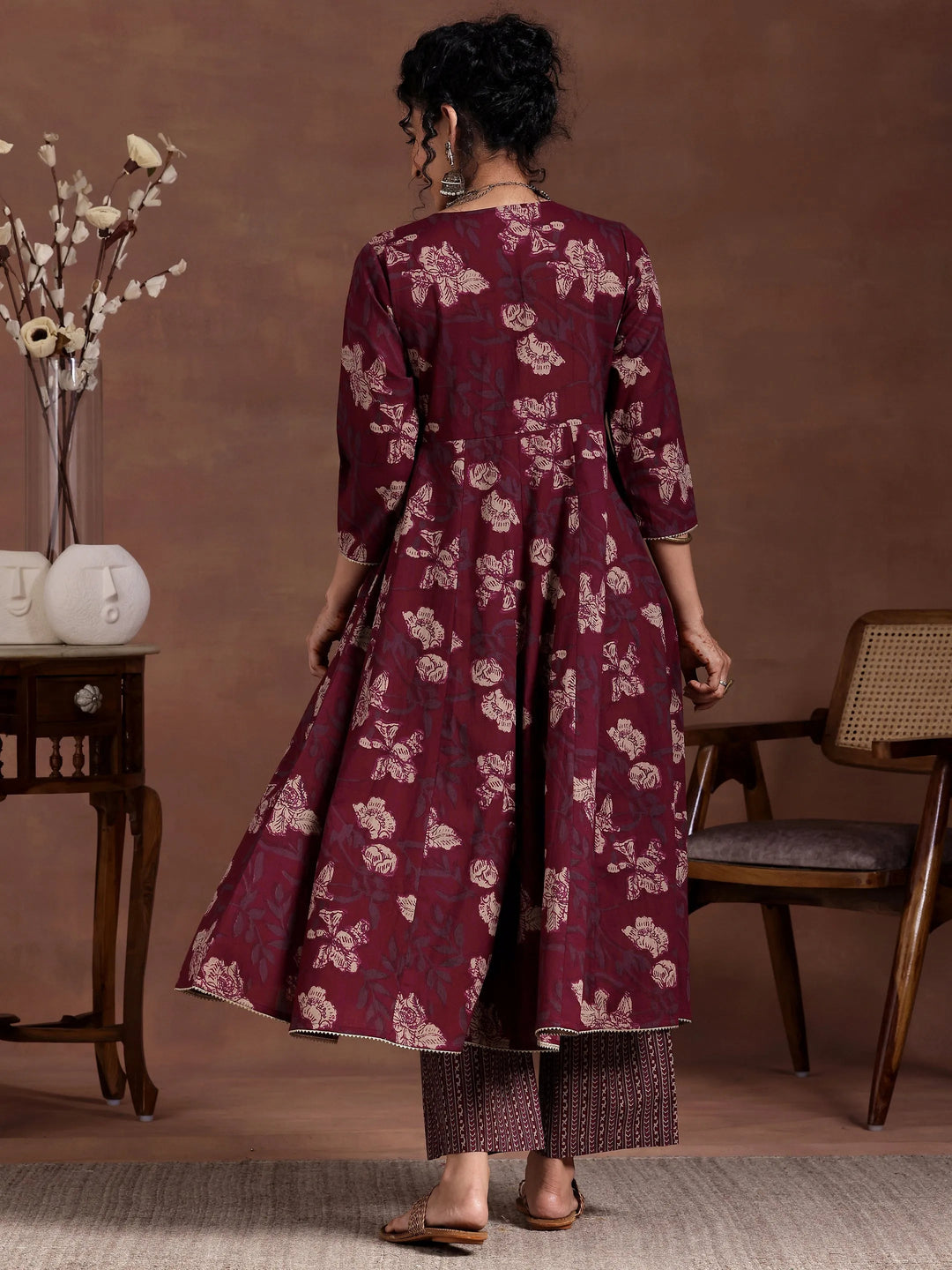 Maroon Printed Cotton A-Line Kurta With Trousers