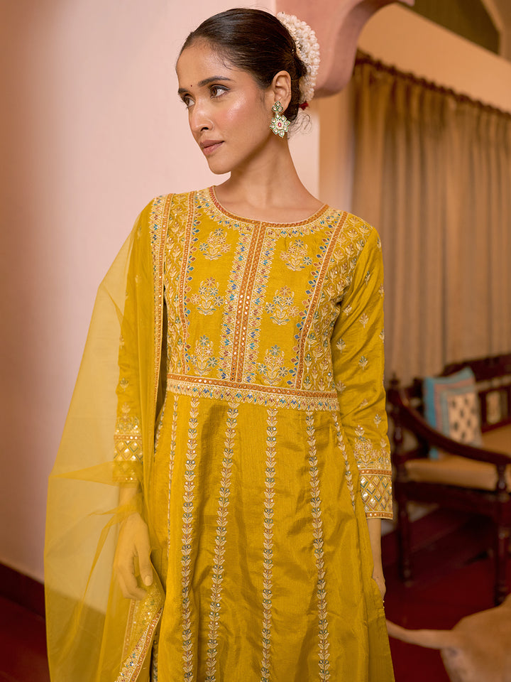 Libas Art Mustard Embroidered Silk Blend A-Line Kurta With Sharara & Dupatta