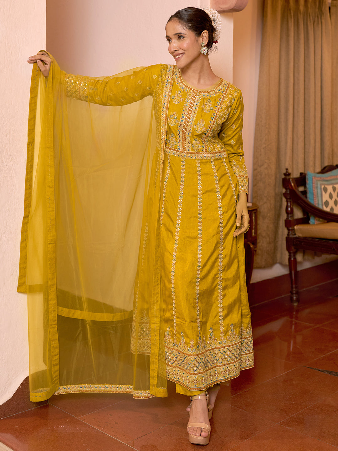 Mustard Embroidered Georgette A-Line Kurta With Sharara & Dupatta