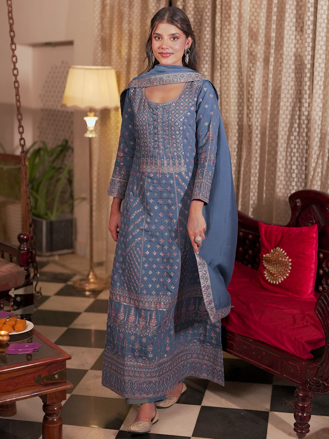 Libas Art Blue Embroidered Silk Blend A-Line Kurta With Trousers & Dupatta