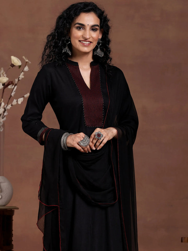 Black Yoke Design Viscose Rayon Straight Suit With Dupatta