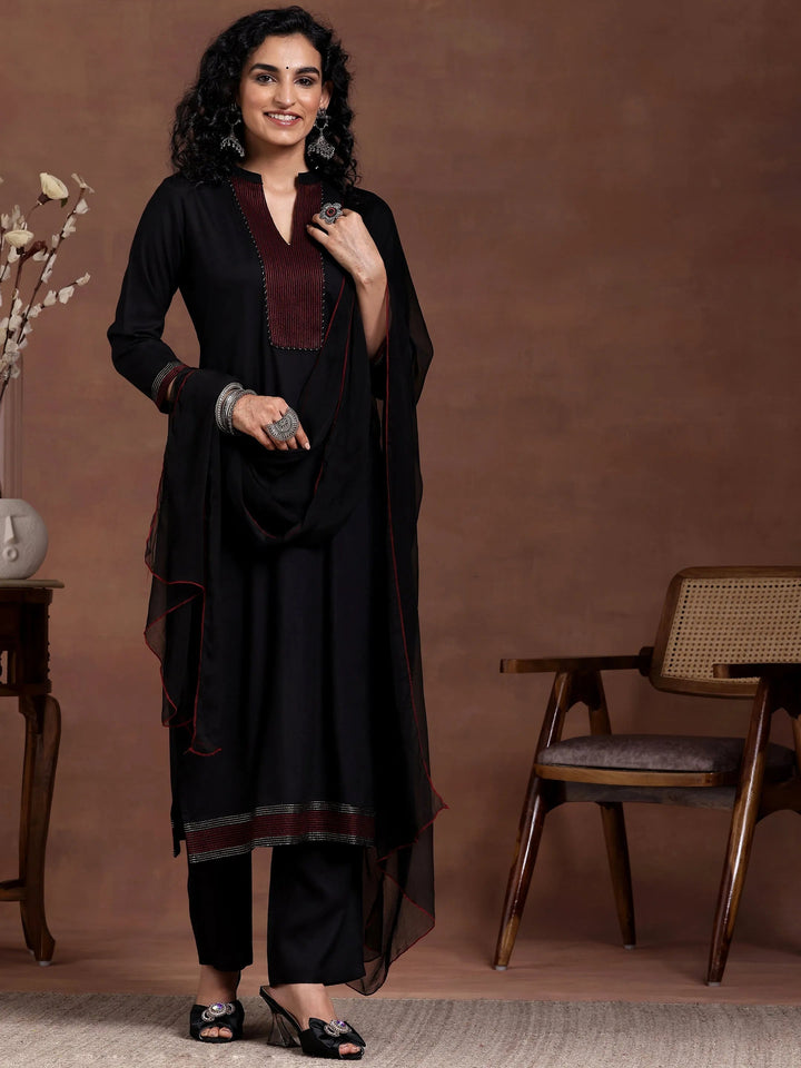 Black Yoke Design Viscose Rayon Straight Suit With Dupatta