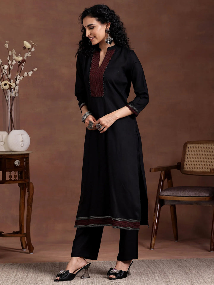 Black Yoke Design Viscose Rayon Straight Suit With Dupatta