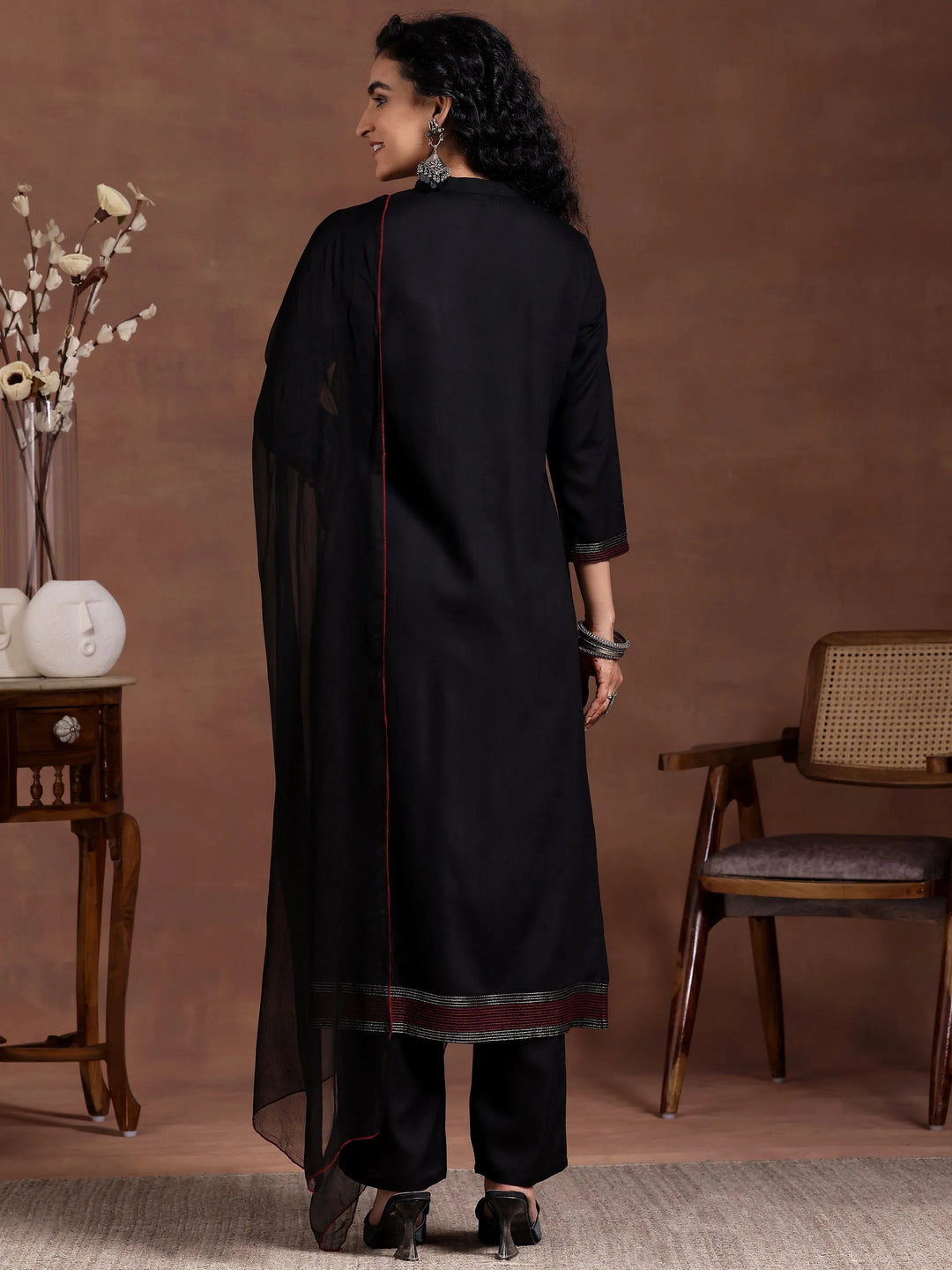 Black Yoke Design Viscose Rayon Straight Suit With Dupatta