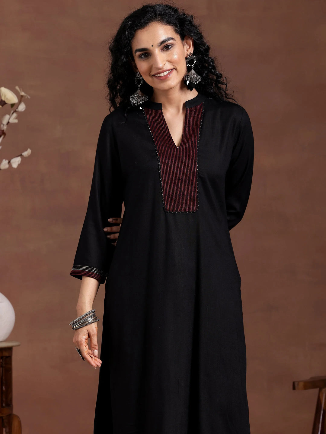 Black Yoke Design Viscose Rayon Straight Suit With Dupatta