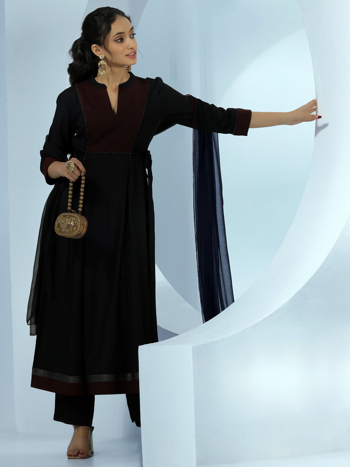 Black Yoke Design Viscose Rayon A-Line Kurta With Trousers & Dupatta