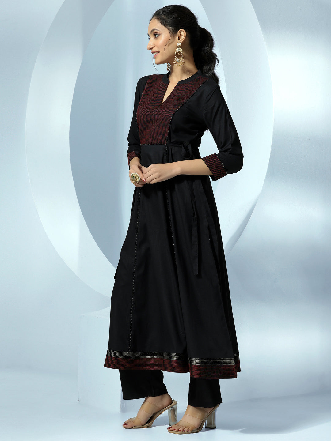 Black Yoke Design Viscose Rayon A-Line Kurta With Trousers & Dupatta