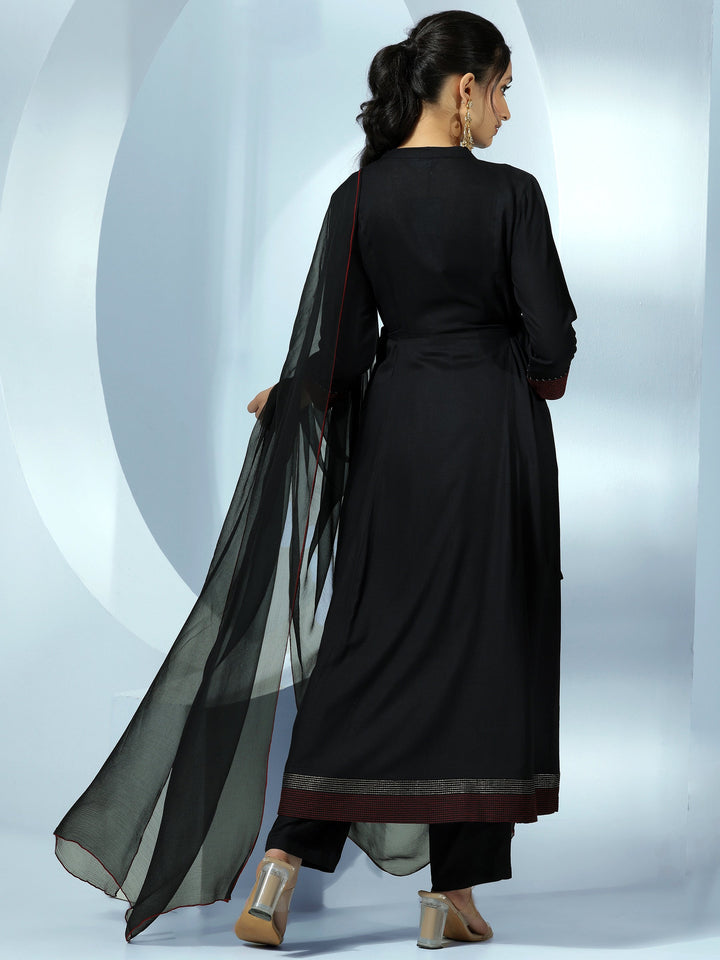 Black Yoke Design Viscose Rayon A-Line Kurta With Trousers & Dupatta