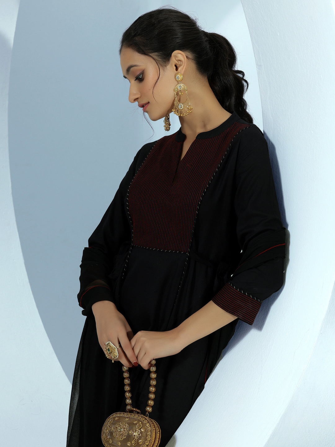 Black Yoke Design Viscose Rayon A-Line Kurta With Trousers & Dupatta