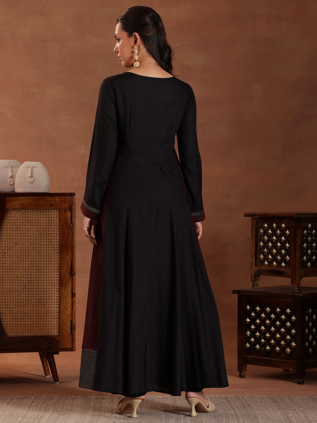 Black Self Design Cotton A-Line Kurta With Trousers