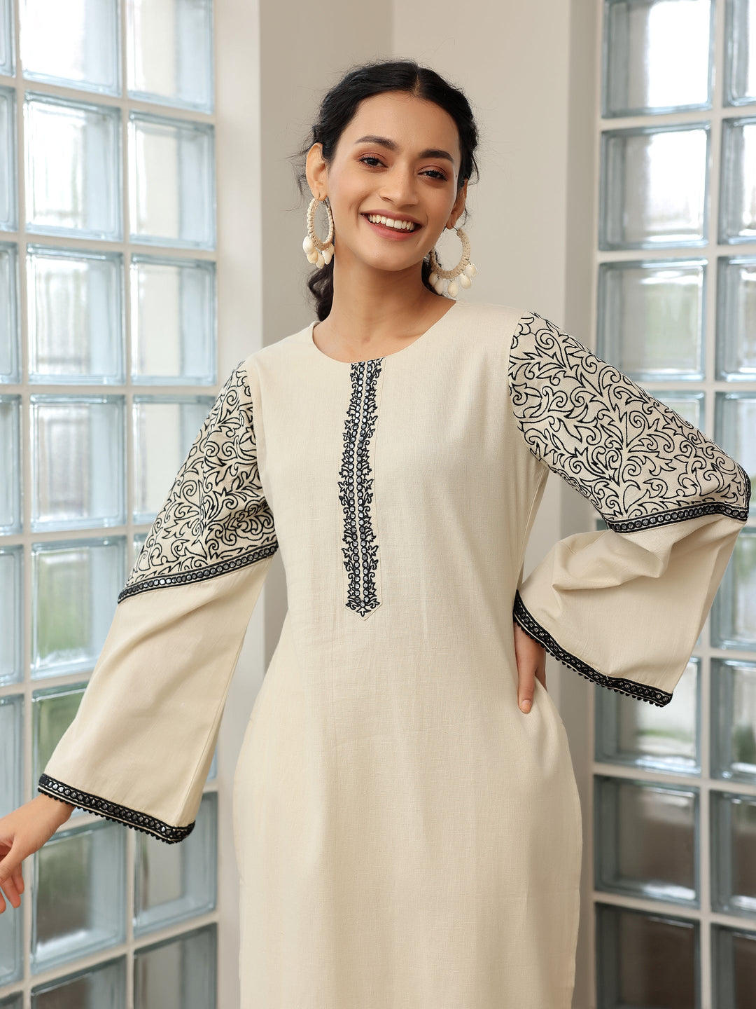 Beige Solid Cotton Blend Straight Suit With Dupatta