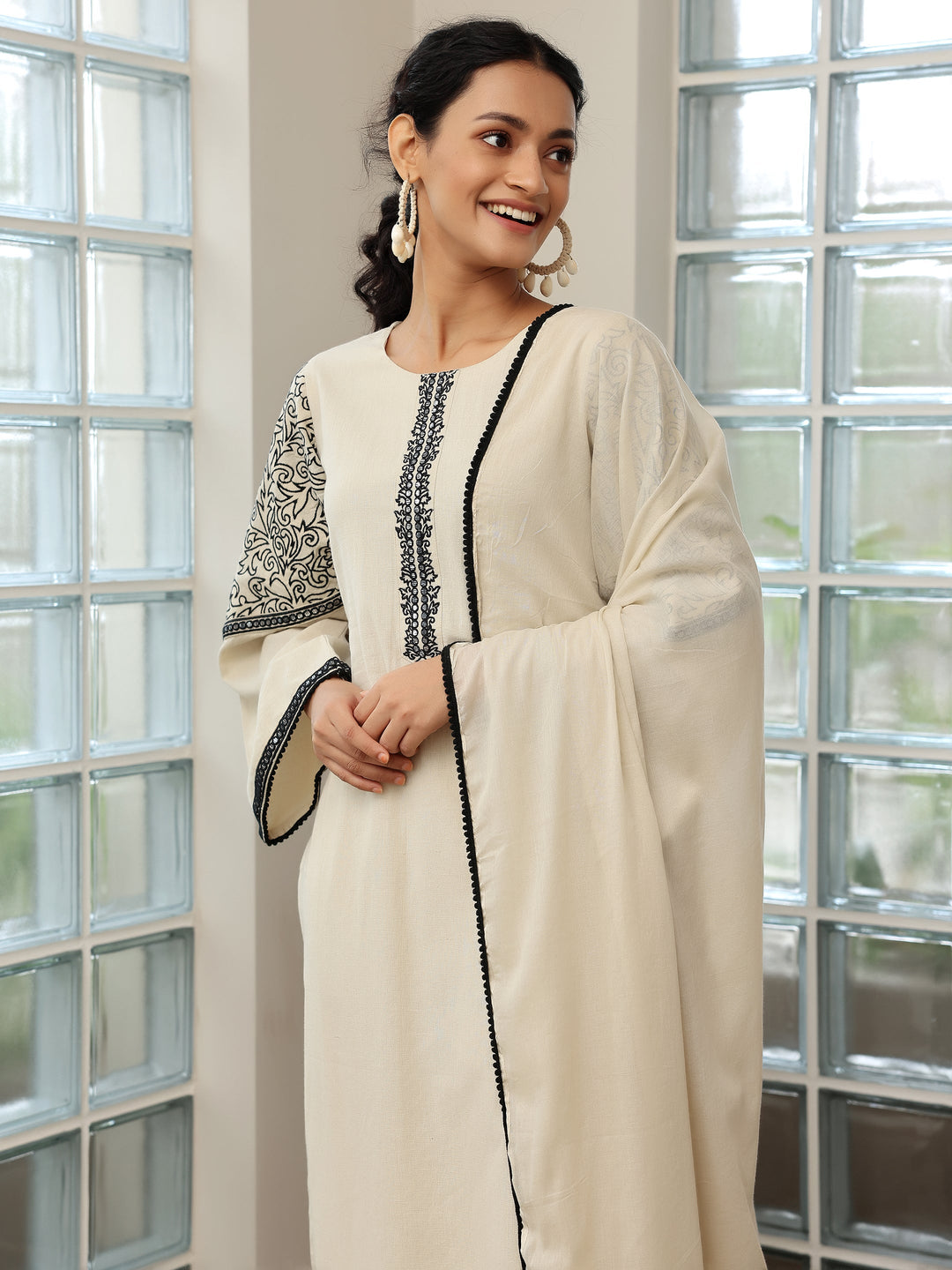 Beige Solid Cotton Blend Straight Suit With Dupatta