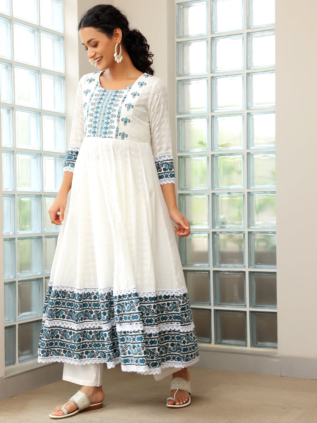 White Self Design Cotton Anarkali Suit With Dupatta