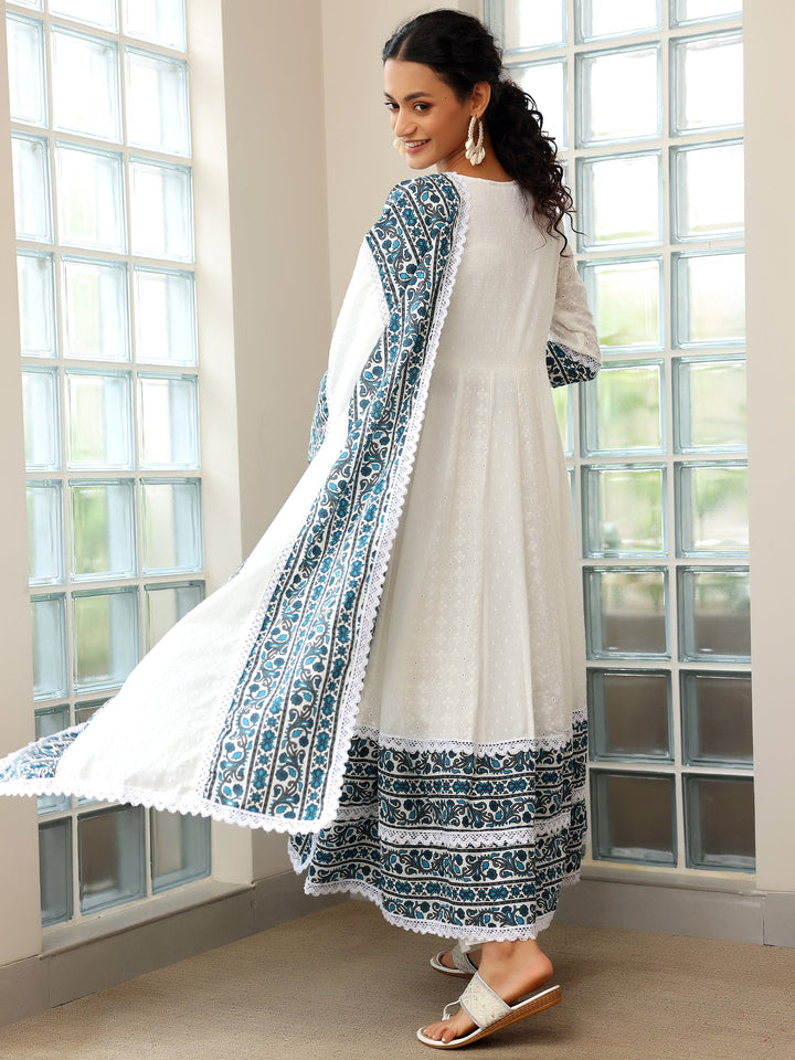 White Self Design Cotton Anarkali Suit With Dupatta