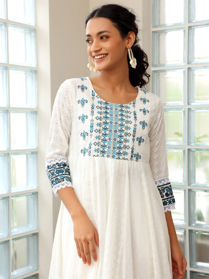 White Self Design Cotton Anarkali Suit With Dupatta