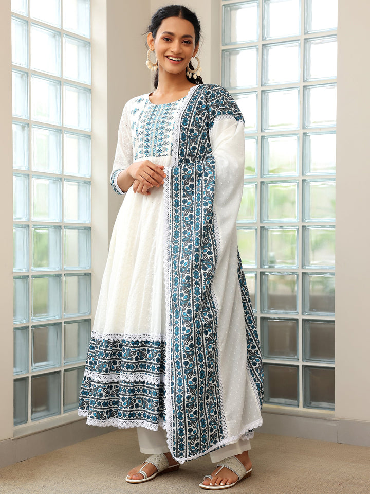 White Self Design Cotton Anarkali Suit With Dupatta