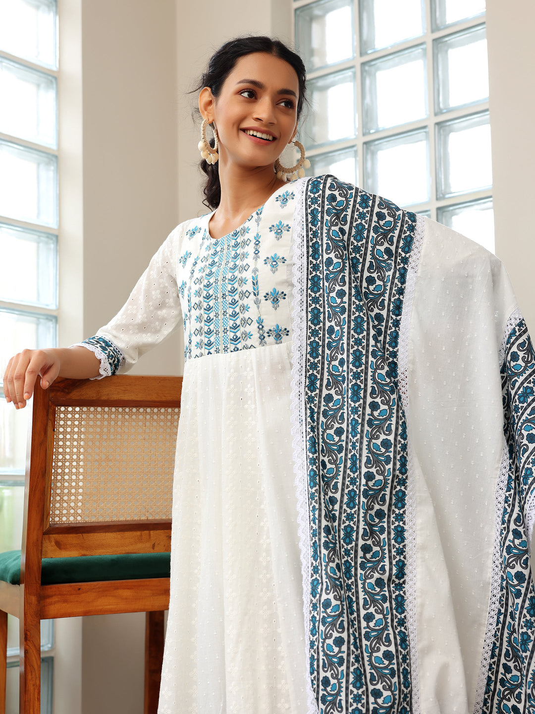 White Self Design Cotton Anarkali Suit With Dupatta