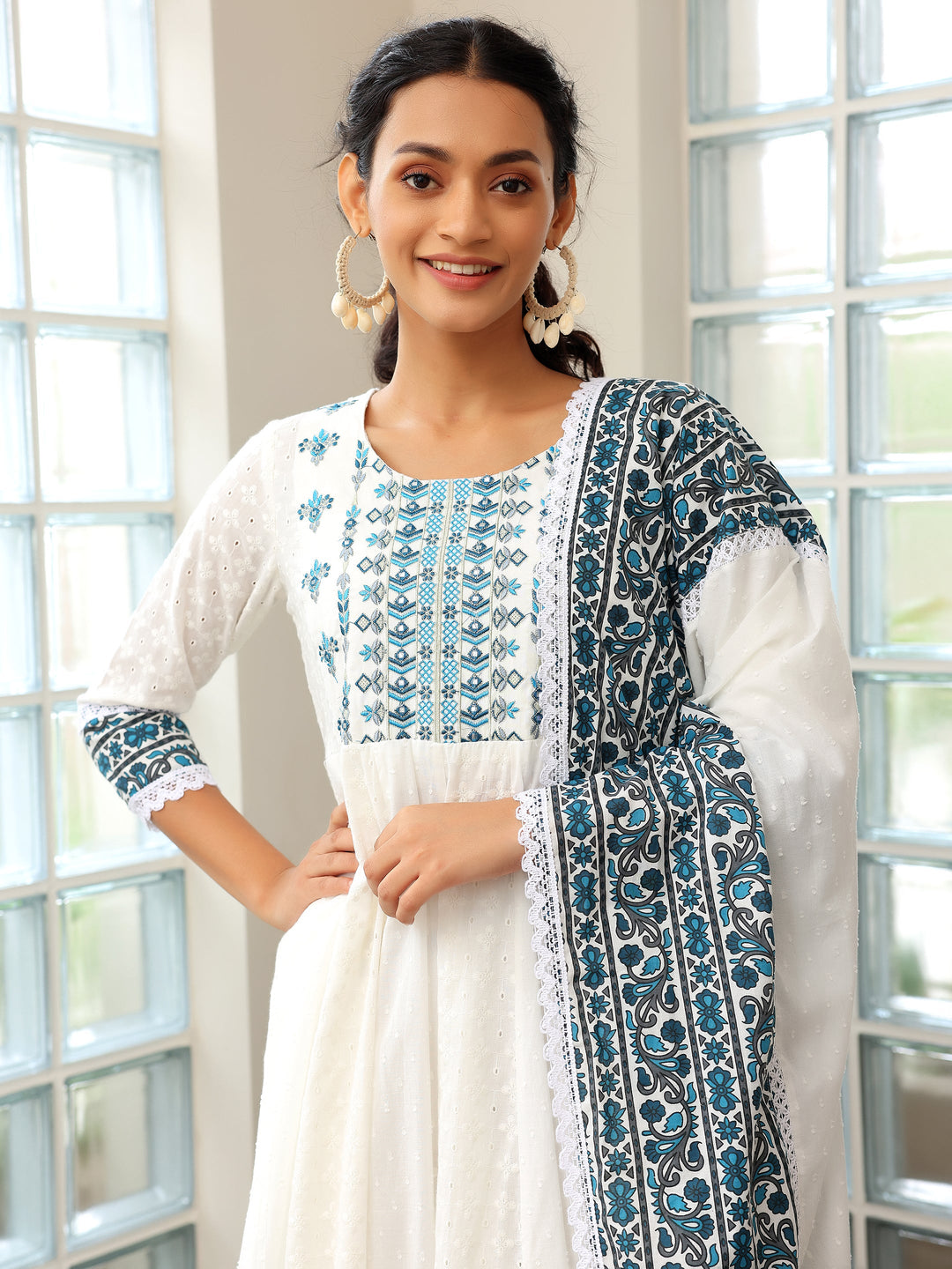 White Self Design Cotton Anarkali Suit With Dupatta