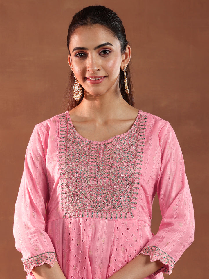 Pink Embroidered Cotton A-Line Kurta With Trousers & Dupatta