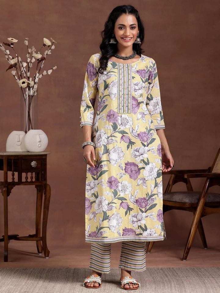 Yellow Printed Cotton Straight Kurta Set
